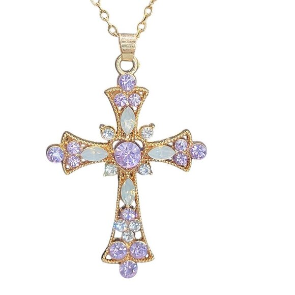 Sparkling Purple Rhinestone & Faux Opal Cross Pendant Necklace 19" Gold Plated - Picture 14 of 16
